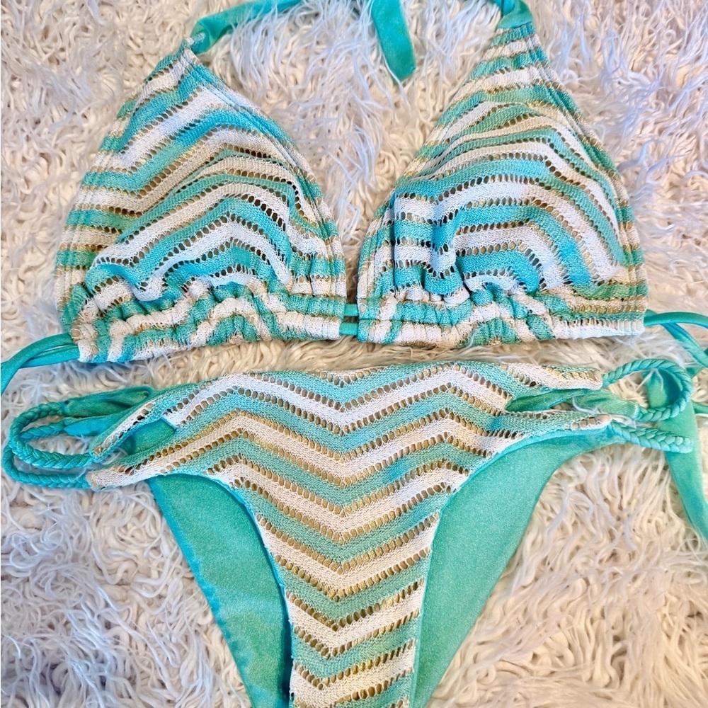 Luli Fama Gold and Blue One Piece with Chevron Design